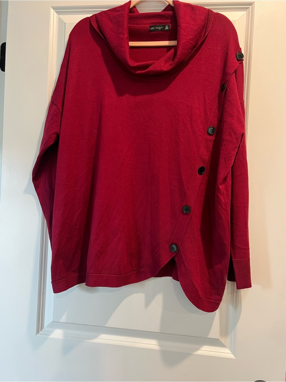 Love Scarlett Side Button Cowl Neck Sweater in Wine